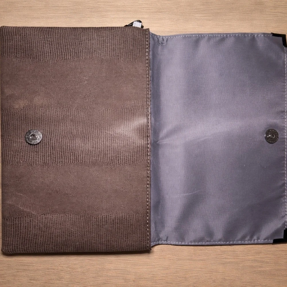 White House Black Market Gray Suede Fold-Over Clutch with Metallic Trim - Picture 4 of 5